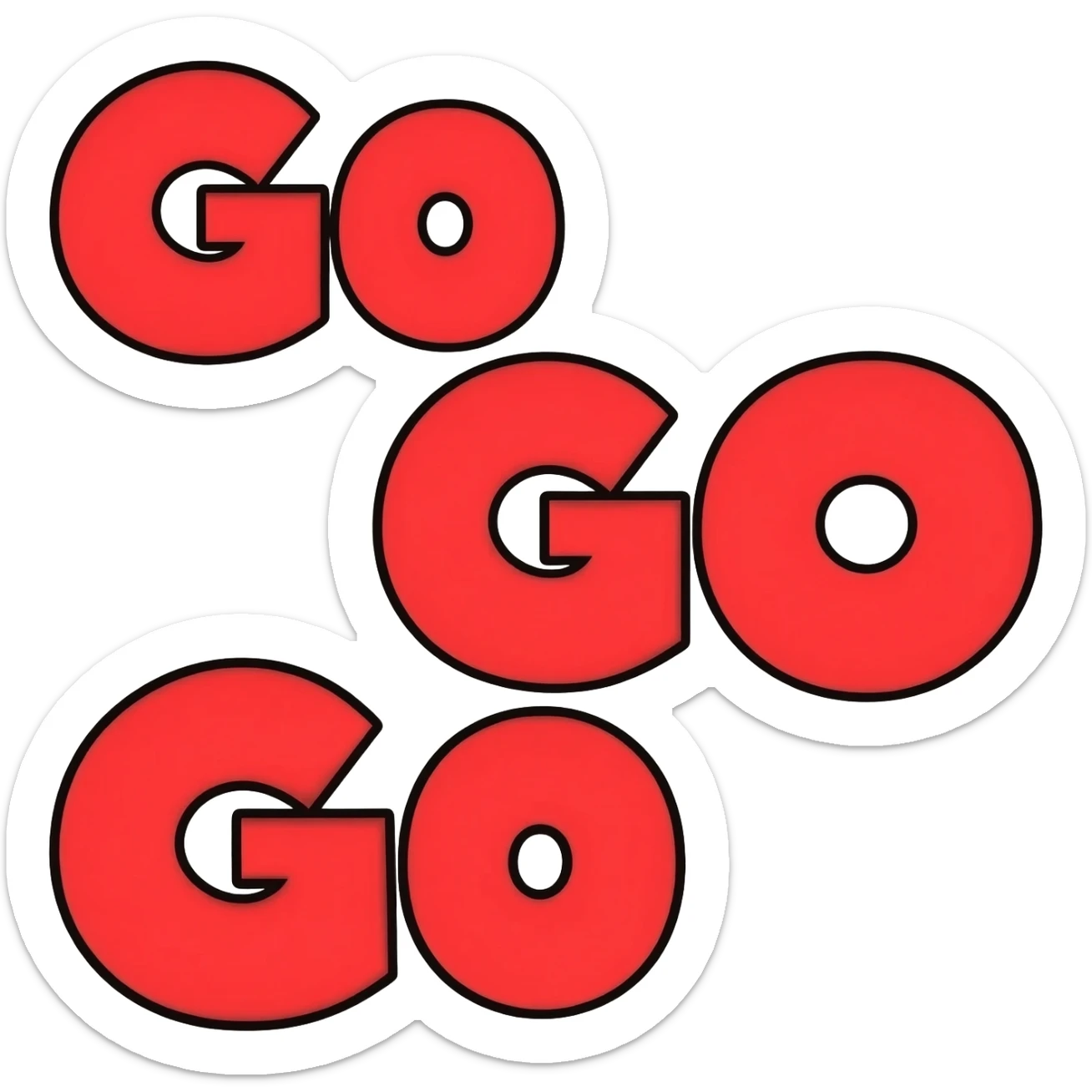 Bubble letters in red color and outlined in black, words Go GO Go sticker