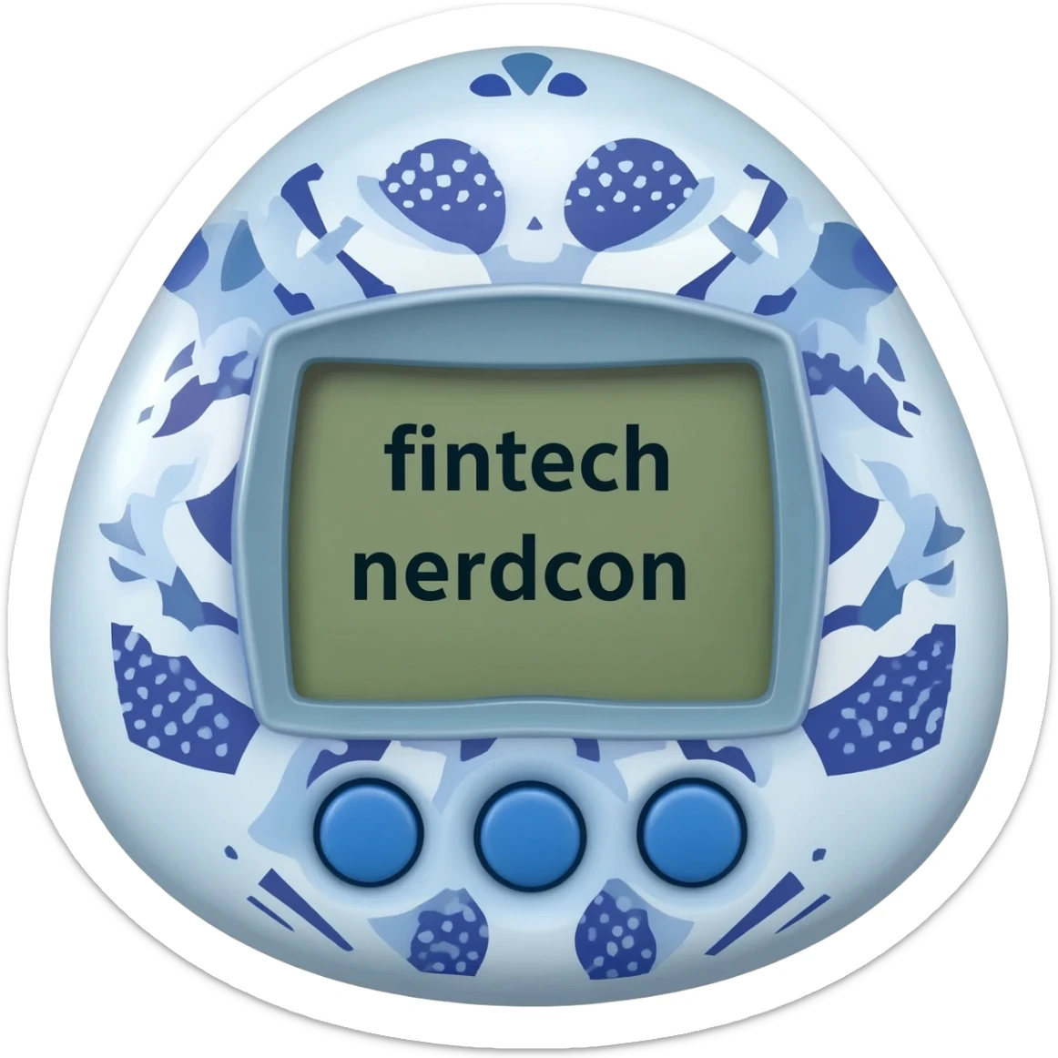 please create me a tamagotchi that syas fintech nerdcon on the screen, and make the style of the tamagotchi round and nerdy and gamer like. GTA style sticker