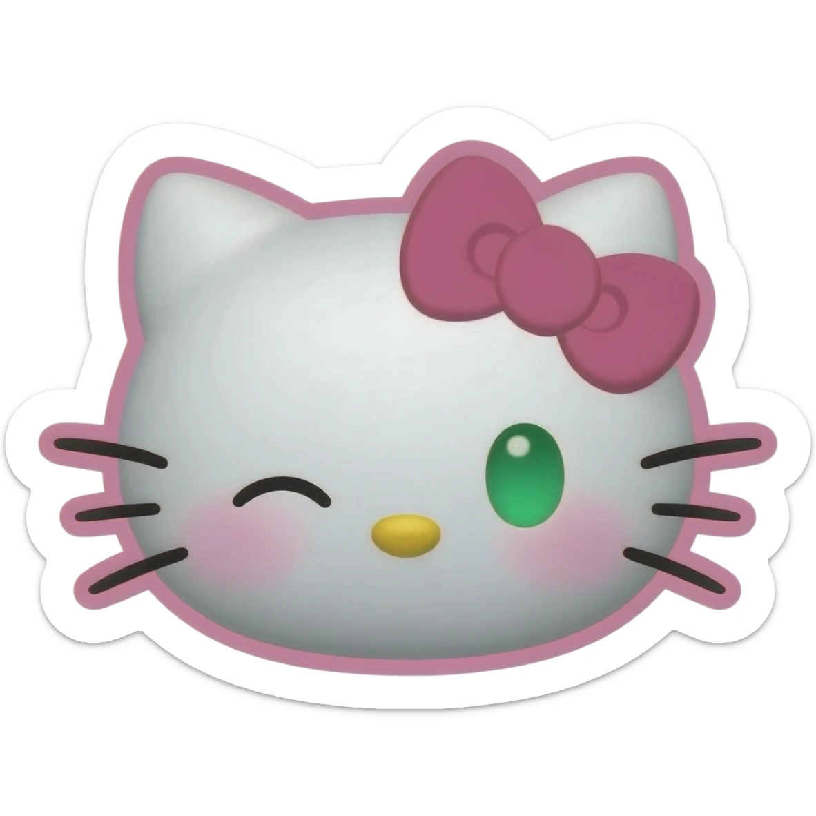 Kawaii Hello Kitty style, light grey fur, one green eye winking, pink bow, pink cheeks, thick outline, pastel pink, transparent background sticker