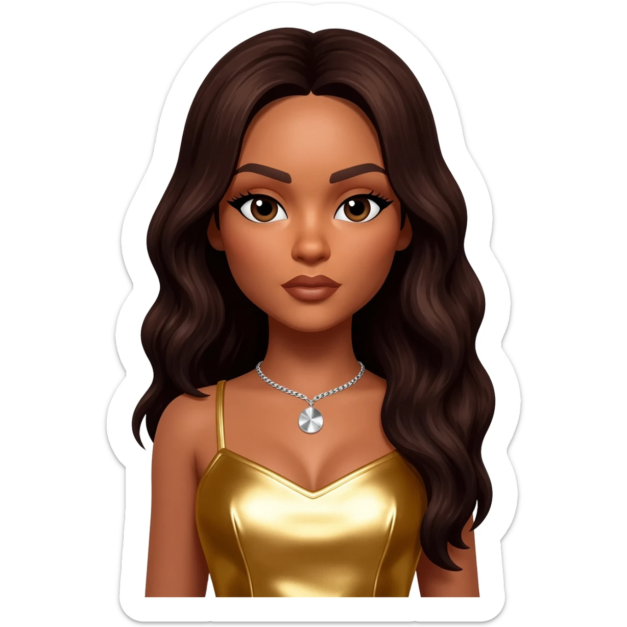 LeToya Luckett from Destiny's Child with long dark brown hair, gold metallic dress, silver necklace sticker