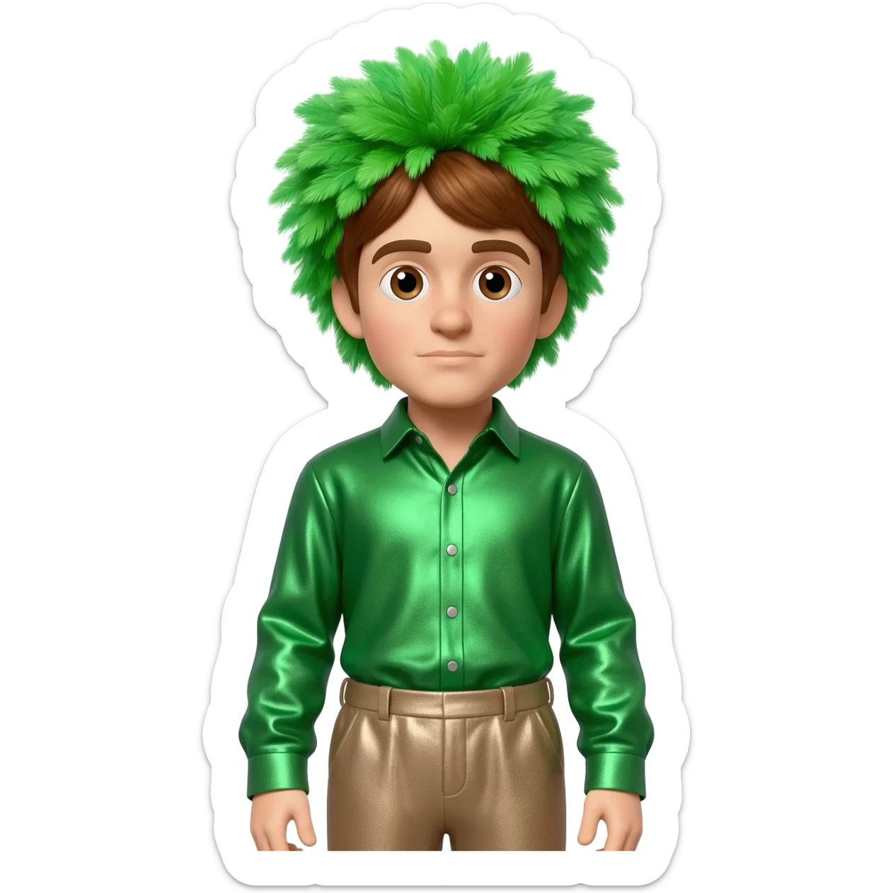 Dominic Field aka The Tree of Wisdom from The Wiggles with brown eyes, brown hair, green feather wig, green metallic shirt, taupe metallic baggy pants sticker