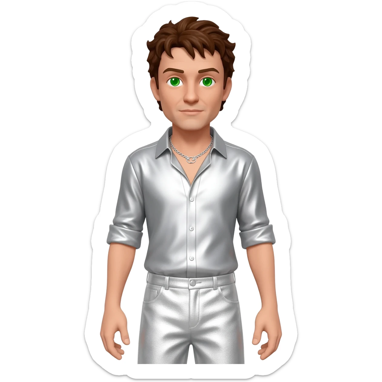 Tony Mortimer with green eyes, brown hair, white metallic shirt, white metallic baggy pants, silver necklace sticker