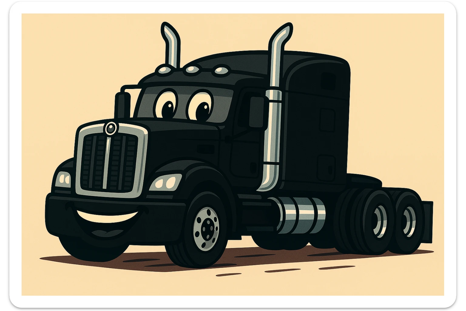 Change the truck color to black, keep the cartoon style with chrome stacks, cheerful and dynamic. sticker