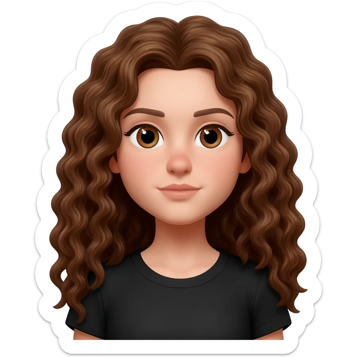 white girl with long brown curly hair and  brown eyes with a black shirt sticker