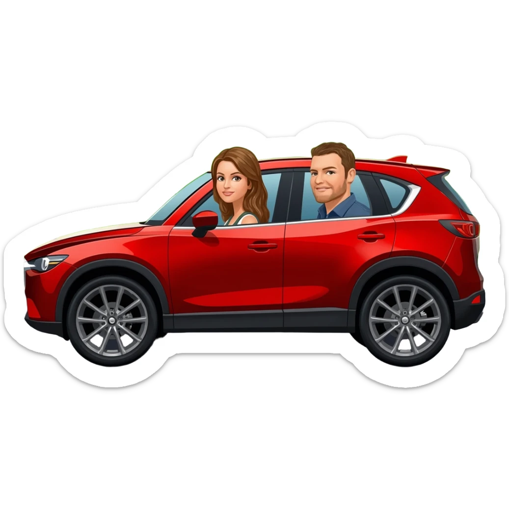 camioneta mazda cx 5 roja con una conductora al volante mujer con lentes de cabello negro y un copiloco hombre de pelo corto negro y lentes, todo en caricatura sobre una avenida principal con paisaje verde sticker