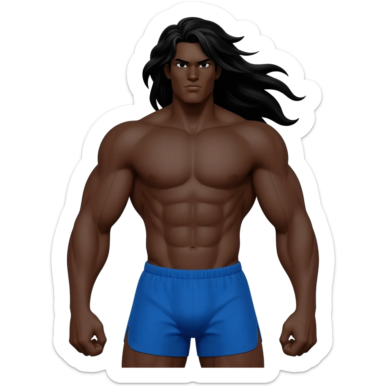 Superhero black male look superstrong blue shorts and big arms no shirt long black hair full body sticker