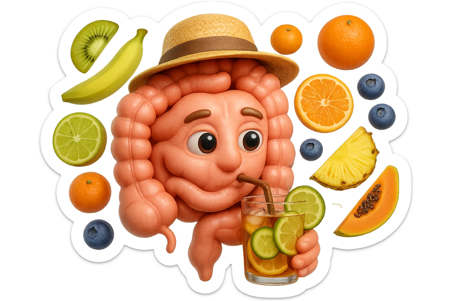 EMOJI STILE IPHONE DI INTESTINO UMANO REALISTICO CON CAPPELLO DI PAGLIA DA SPIAGGIA CHE BEVE UN Tè FREDDO IN BICCHIERE DI VETRO CON DENTRO  fette di cetriolo, limone, lime, DIETRO L'INTESTINO FLUTTUANO PEZZETTI DI Kiwi
Banana acerba
Arance e mandarini
Mirtilli
Ananas
Papaya
IPERREALISTICO 4K sticker