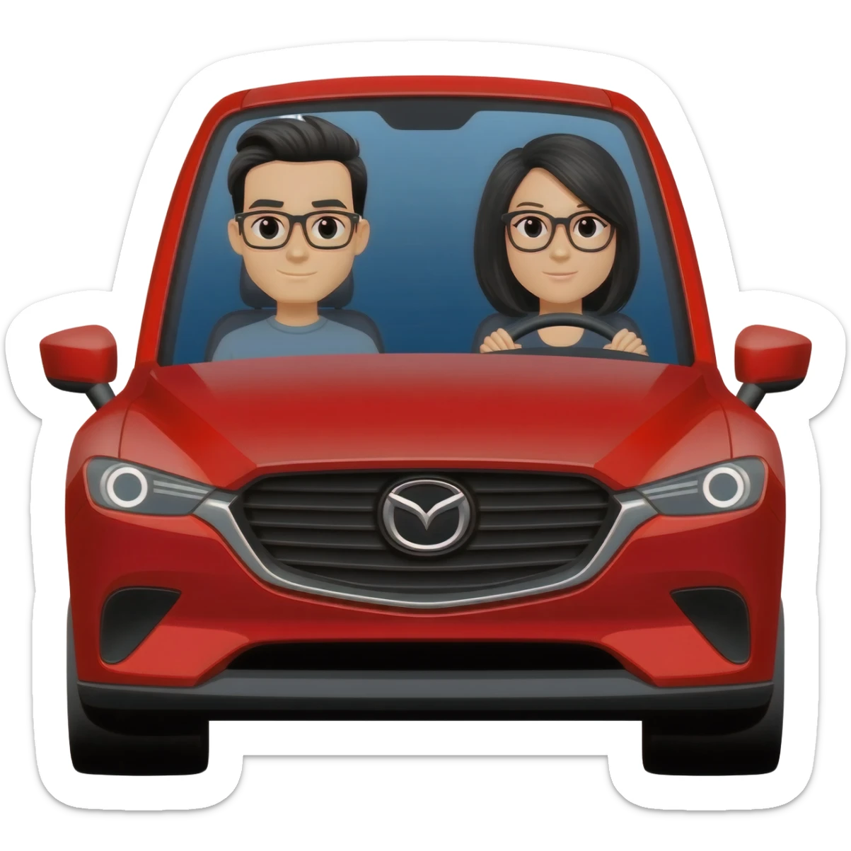 Camioneta roja mazda, con un copiloto hombre de pelo corto negro y lentes, y una con una mujer en el volante de pelo negro y lentes sticker