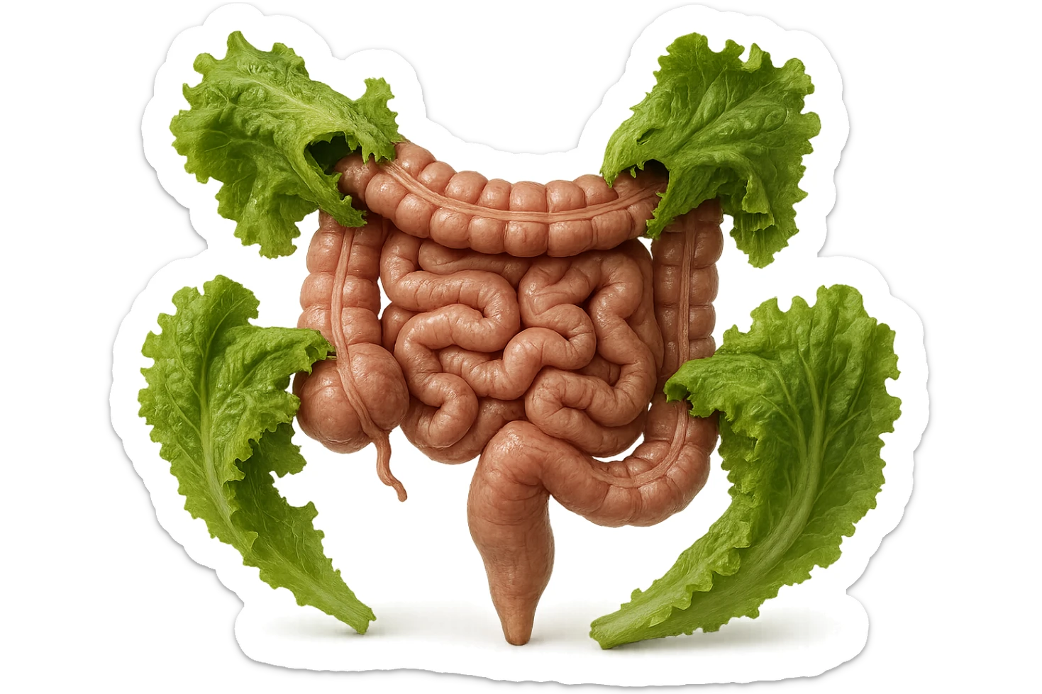 foglie di insalata che attaccano un intestino anatomico umano per distruggerlo, iperrealistico sticker