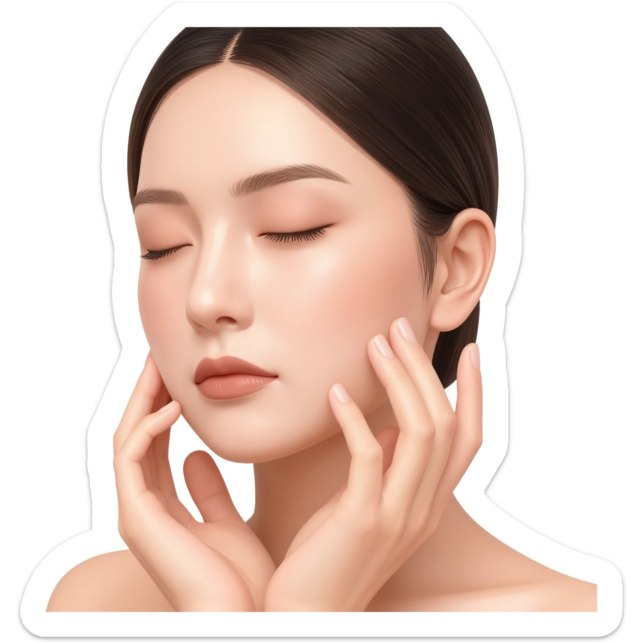 Close-up beauty portrait of a young woman with dewy, glowing skin, eyes closed, gently touching her cheeks with both hands. Her skin looks hydrated and luminous with a natural glossy finish. Soft neutral makeup, groomed brows, nude lips. Hair pulled back neatly. sticker