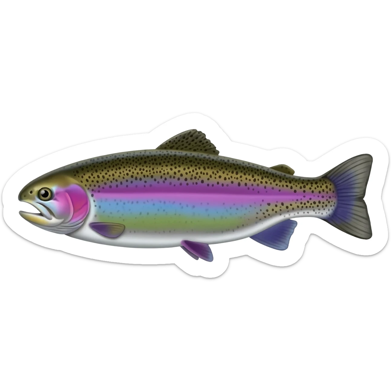 realistic rainbow trout fish bright saturated purple blue green yellow white with scales and black speckles sticker