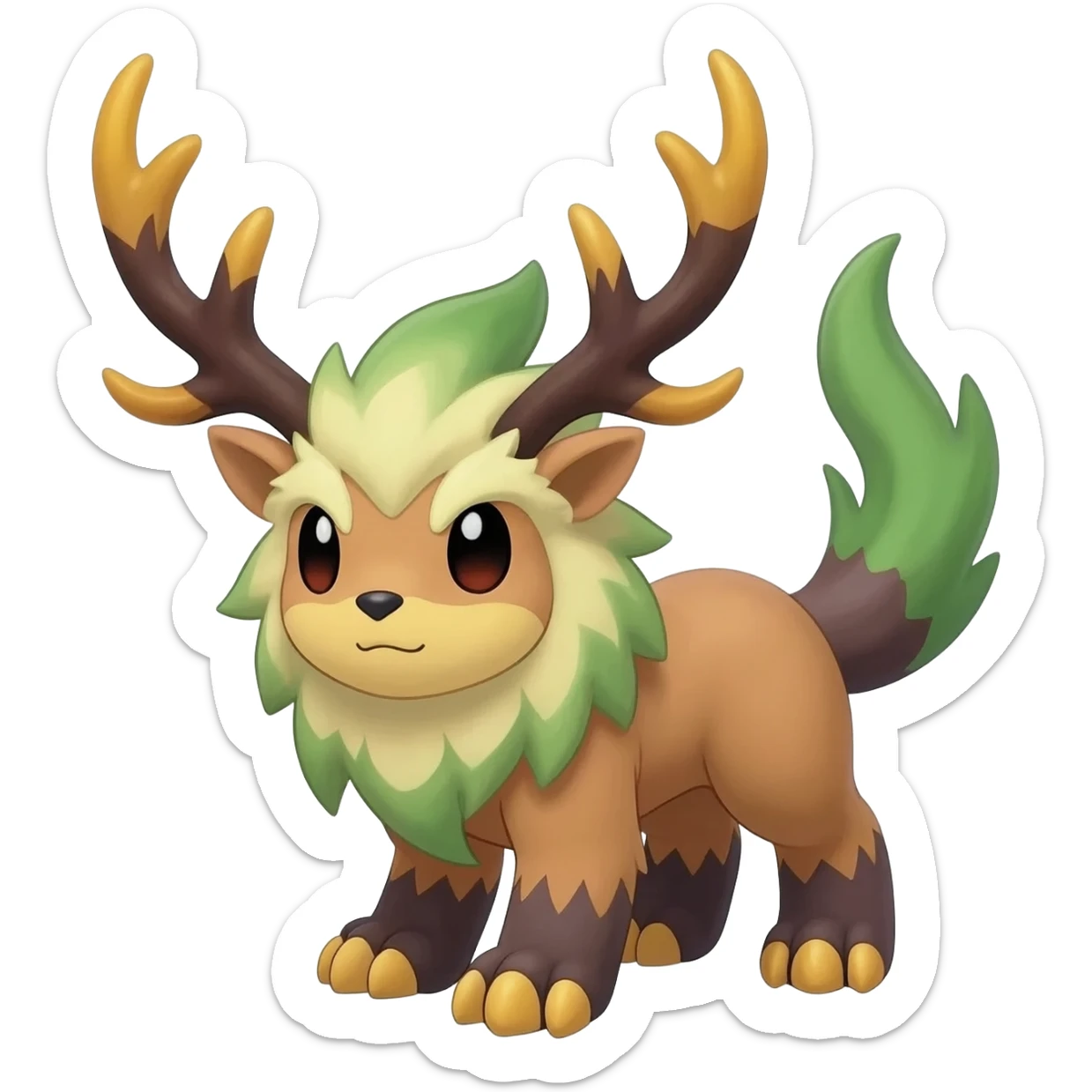 Exotic tropical Animal-Fakémon-Pokémon-hybrid-fusion-creature  with thick fur, short legs, big paws, and antlers on head  sticker