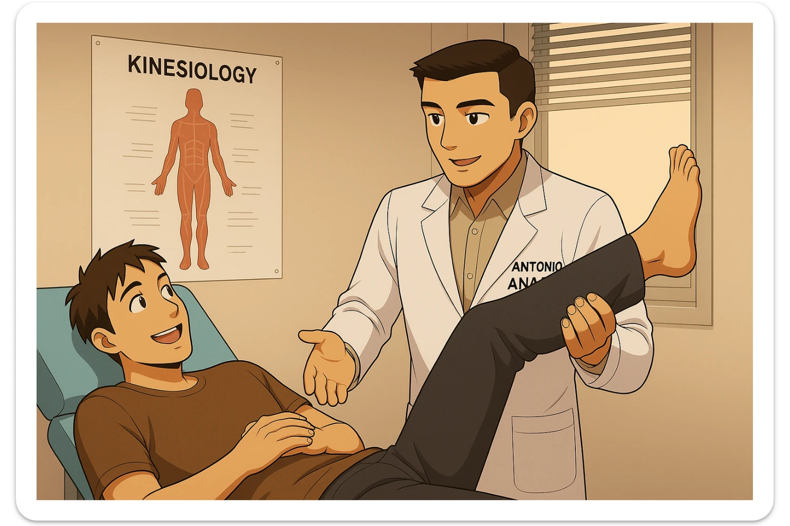 su questo lettino rappresenta un webtoon manga a colori con questo stile, in cui un uomo è steso sul lettino medico e il kinesiologo con il camice bianco (fagli anche la scritta "ANTONIO ANANIA" SUL CAMICE, gli solleva una gamba per fargli il test neuromuscolare, IL KINESIOLOGO SPIEGA ALL'UOMO UNA cosa mentre gli alza la gamba. l'espressione dell'uomo è felice e soddisfatta, non fare i fumetti però, fai solo in modo che sembri stiano parlando sticker