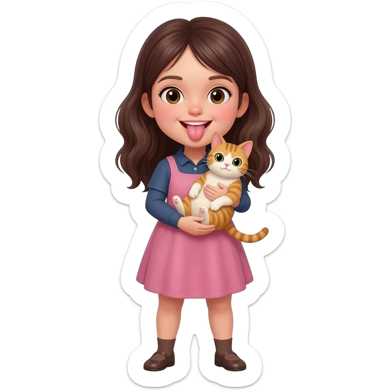 Girl showes her tongue. There is a cat in her arms sticker