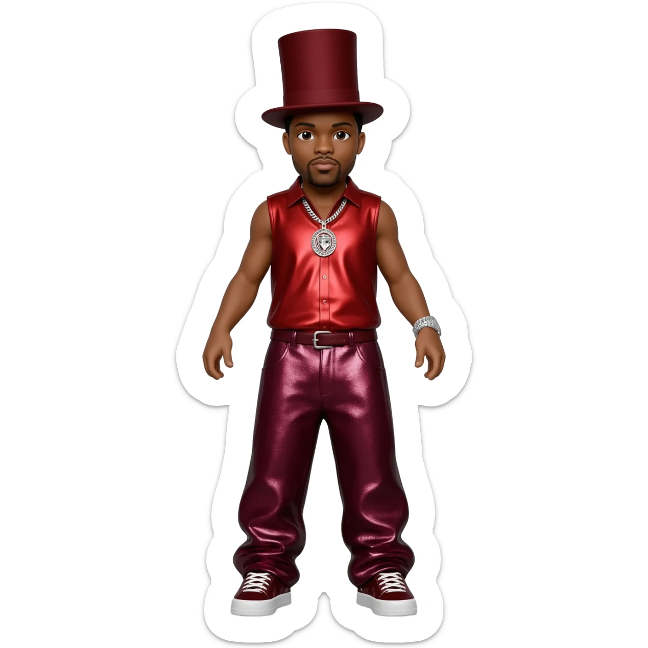 Ginuwine with black short hair, dark red top hat, red metallic sleeve shirt, burgundy metallic baggy pants, silver necklace sticker