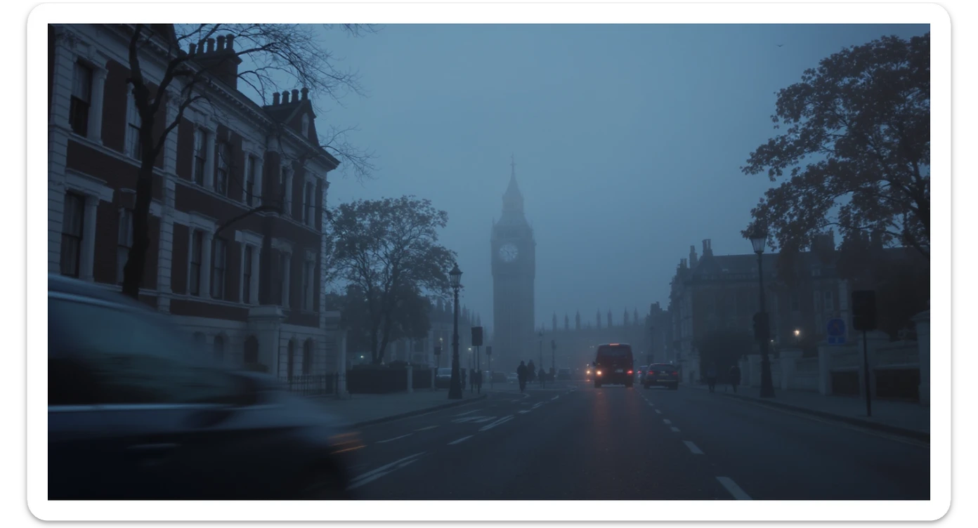 Cinematic shot of a london street, cloudy foggy day, soft light, leading lines to big ben in distance, multi composition, in foreground blurred car, on second street around UK bulding, od another plan in distance big ben, birds flying, artistic look, captured on arri alexa 35, color graded blue hour sticker