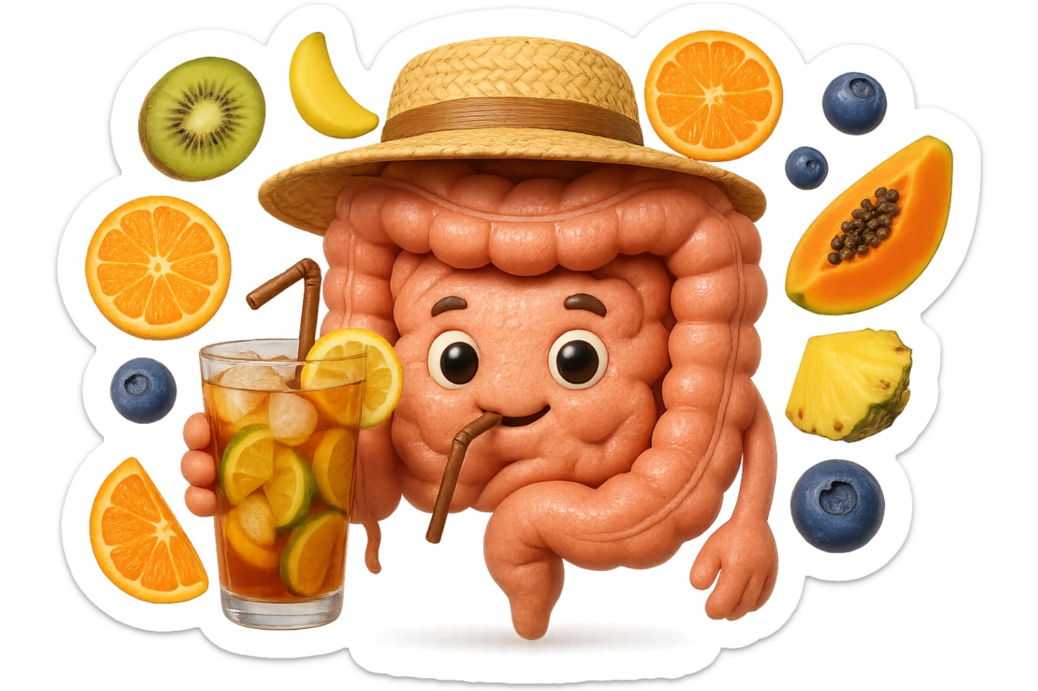 EMOJI STILE IPHONE DI INTESTINO UMANO REALISTICO CON CAPPELLO DI PAGLIA DA SPIAGGIA CHE BEVE UN Tè FREDDO IN BICCHIERE DI VETRO CON DENTRO  fette di cetriolo, limone, lime, DIETRO L'INTESTINO FLUTTUANO PEZZETTI DI Kiwi
Banana acerba
Arance e mandarini
Mirtilli
Ananas
Papaya
IPERREALISTICO 4K sticker