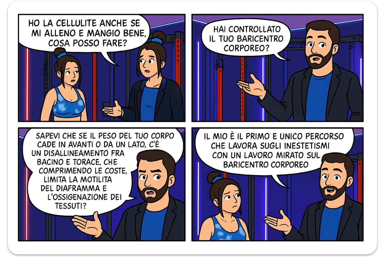 TRASFORMA QUESTO CAROSELLO IN UN FUMETTO CON QUESTE DUE PERSONE IDENTICHE CHE INTERLOQUISCONO TRA LORO:

LEI: Ho la cellulite anche se mi alleno e mangio bene, cosa posso fare?

LUI: Hai controllato il tuo baricentro corporeo?
Sapevi che se il peso del tuo corpo cade in avanti o da un lato, c’è un disallineamento fra bacino e torace, che comprimendo le coste, limita la motilità del diaframma e l’ossigenazione dei tessuti?
Il mio è il primo e unico percorso che lavora sugli inestetismi con un lavoro mirato sul baricentro corporeo. sticker