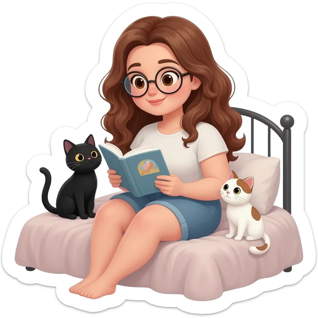 detailed emoji illustration of a curvy woman with long chestnut brown wavy hair, light brown eyes and round glasses sitting on a bed and reading a book, with two cats beside her: one black cat and one white cat with brown spots, cozy bedroom atmosphere, cute emoji style sticker