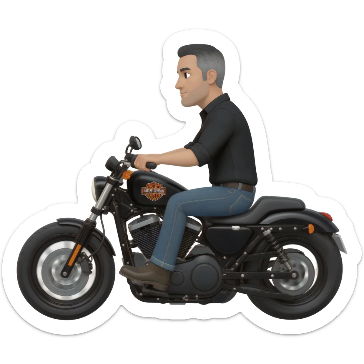 White man with short black and gray hair riding Harley Davidson in jeans and black shirt sticker