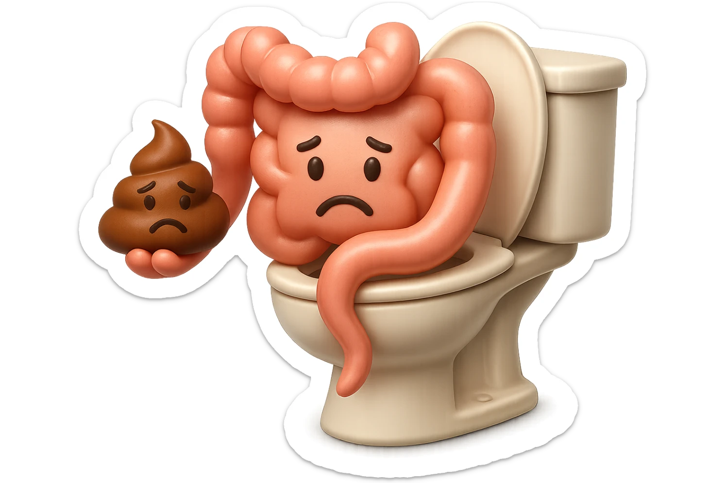 emoji stile iphone di un intestino realistico 3d che esce dal wc con in mano una montagnetta di feci con espressione triste a palline, iperrealistico 4k sticker