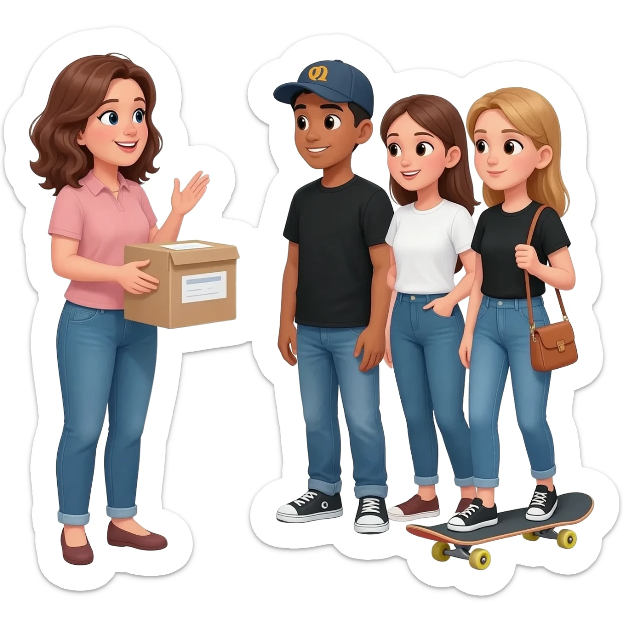 mujer de 45 años entregando folletos y hablando con grupo de adolescente vestido con jean y remera negra o blanca. alguna puede tener gorra, otro cartera, otra patineta sticker