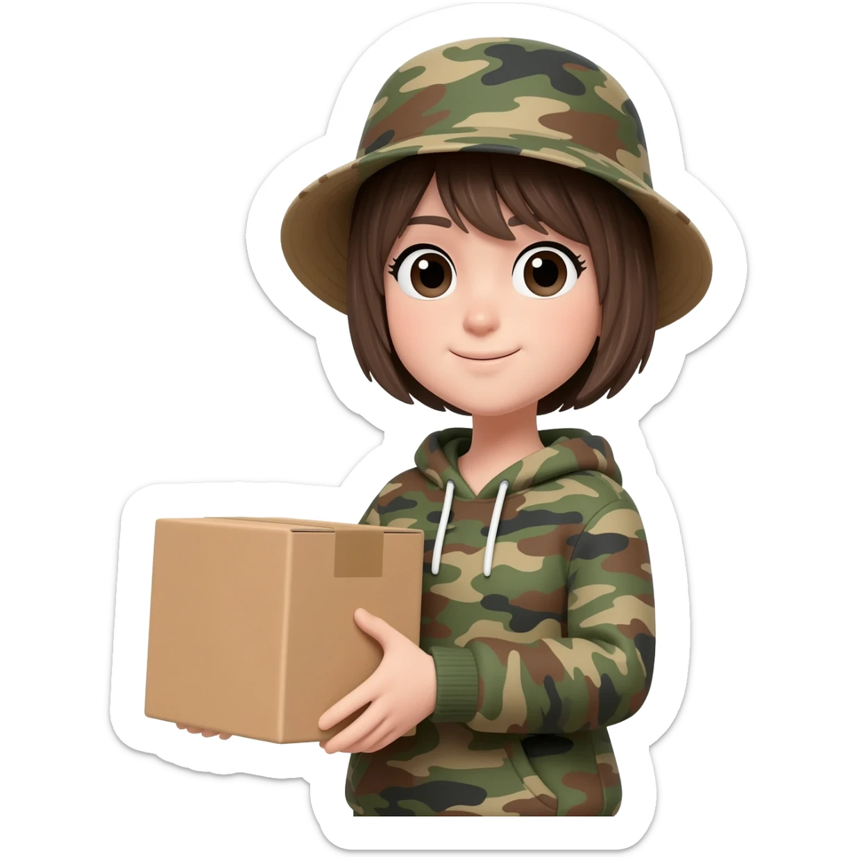 A girl with short hair wearing a hat and a camo hoodie carrying a box sticker
