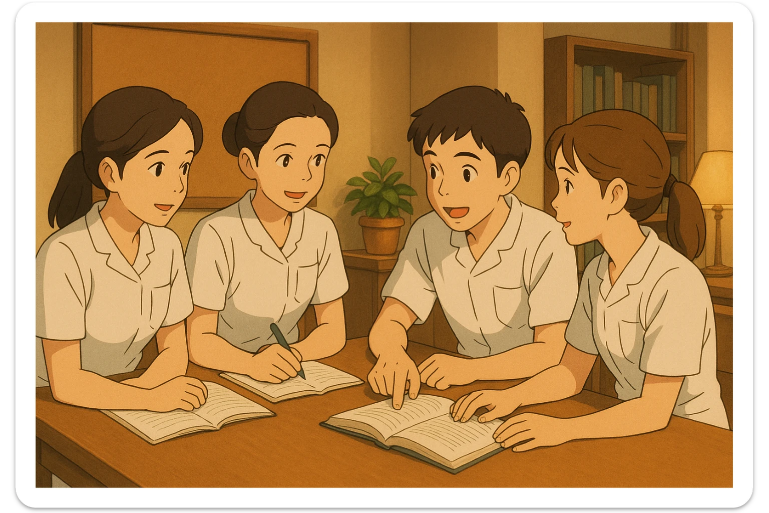 Quatre étudiants infirmiers inspirés des références, en style Ghibli, travaillant en collaboration et en interaction à l'intérieur. Uniformes blancs à manches courtes, tuniques médicales col en V, poche poitrine à gauche, avant-bras nus, pas de pied de col ni stéthoscopes, cheveux longs attachés pour celles qui en ont. Ambiance chaleureuse, professionnelle, décor intérieur. sticker