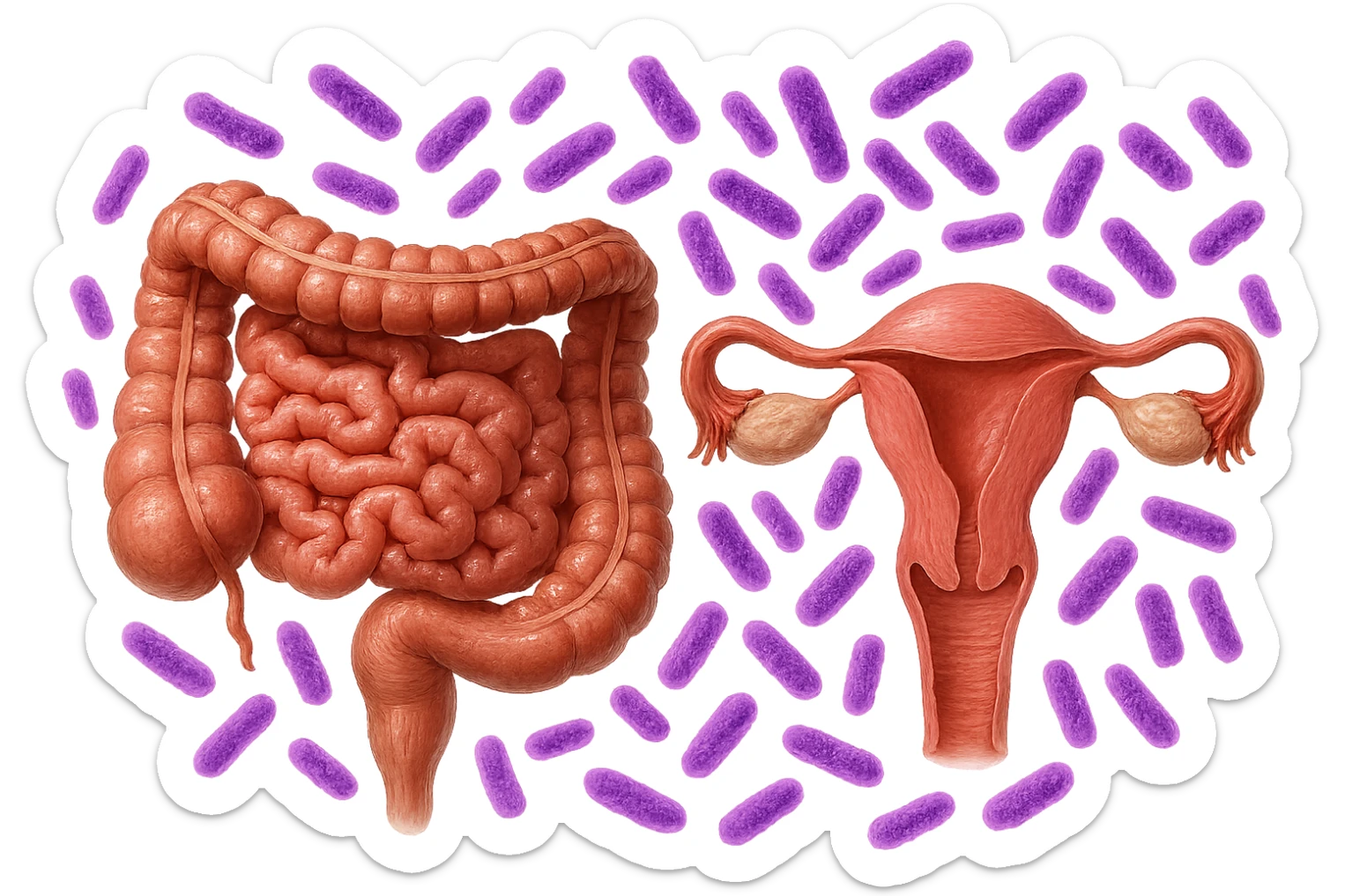 intestino umano anatomico realistico accanto ad un utero umano anatomico realistico, dietro i due organi fluttuano batteri intestinali con questo colore: #971ef1, iperrealistico 4k
isolata su sfondo bianco sticker