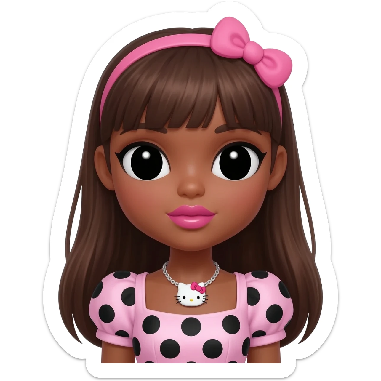 Doll faced shaped, hello kitty necklace, heart shaped cute lips bimbo, black doll eyes, Big lips barbie, dark brown skin with brown hair, bimbocore outfit light pink and black polkadots sticker