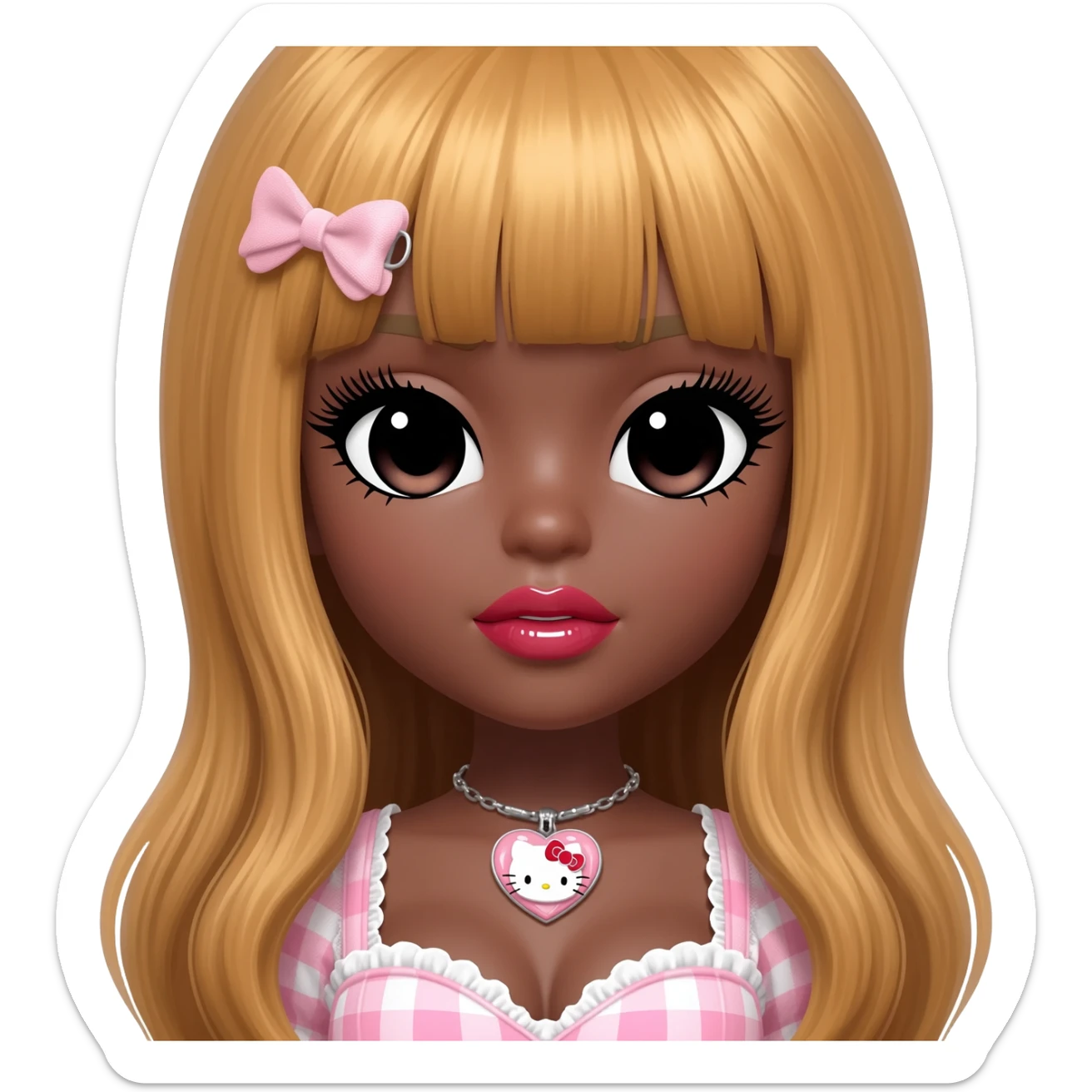 heart shaped lips, cute glossy lips, doll eyes with long lashes, dark brown skin, honey blonde hair, big chest, hello kitty necklace, one bow clip, bimbocore outfit sticker