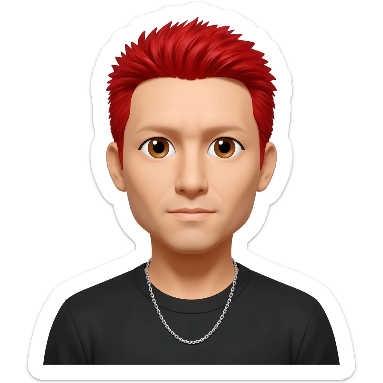 Mike Shinoda with brown eyes, red hair, black metallic t-shirt, silver necklace sticker