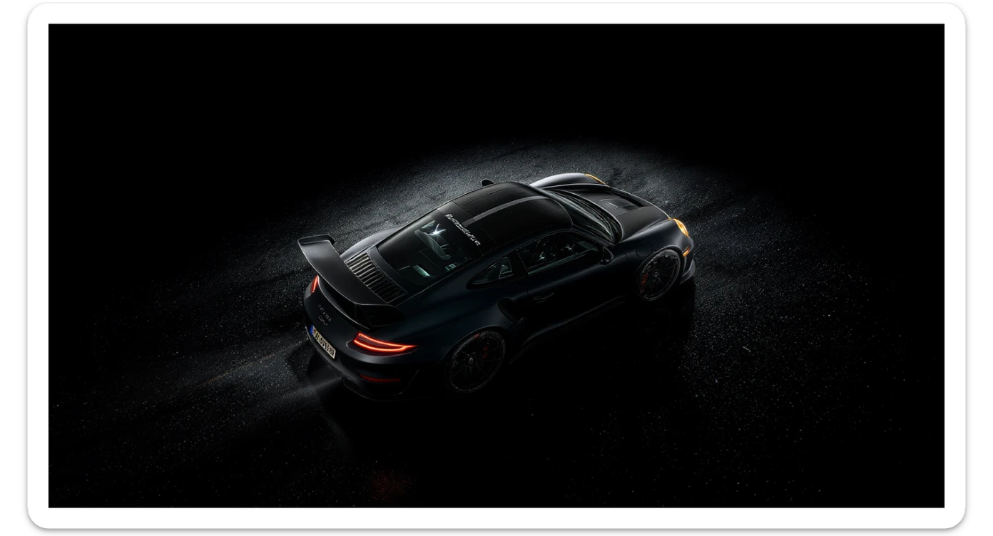 Editorial shot of a porsche 911 gt3 rs, top dutch angle, black voide around, top spotlight, captured on arri alexa sticker