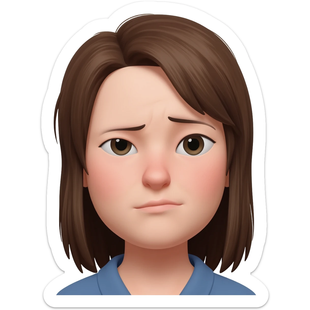 style girl face, noticeable facial asymmetry, one cheek bigger than the other, uneven jawline, slight under eye bags, messy eyebrow, neutral background, bright lighting, centered portrait sticker