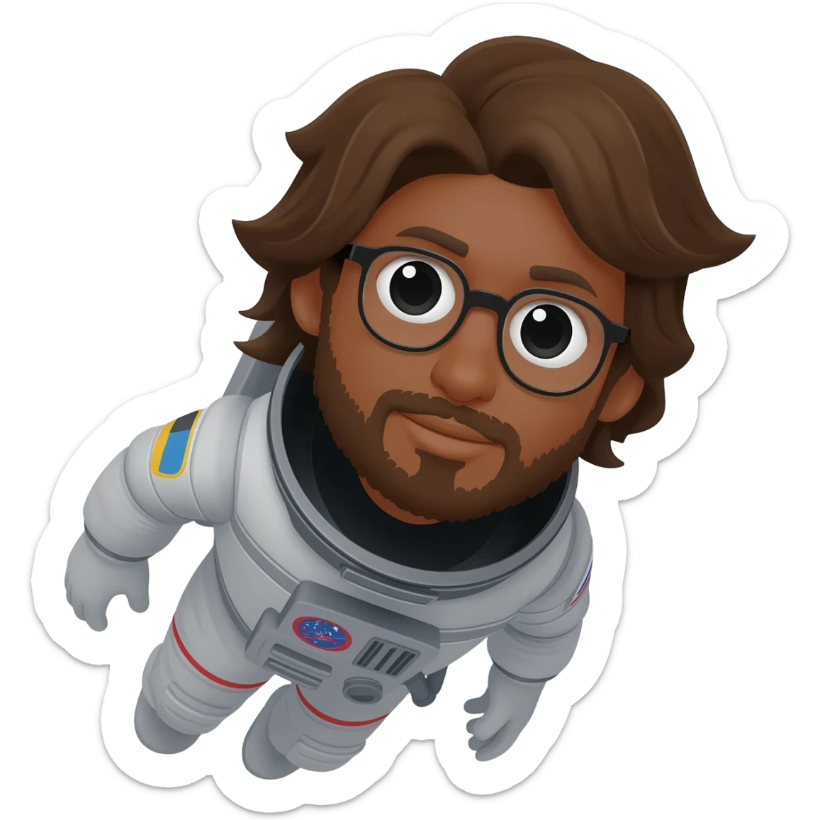 astronaut in space brown skin, black eyes, glasses and beard smiling a bit long hair sticker