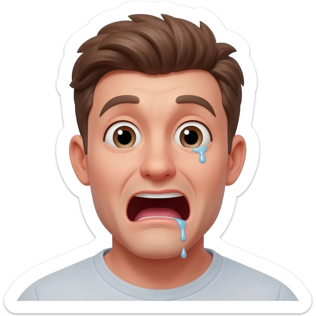 Blushing thirty year old guy with mouth wide open and drooling from one side of his mouth and and tear in one eye sticker