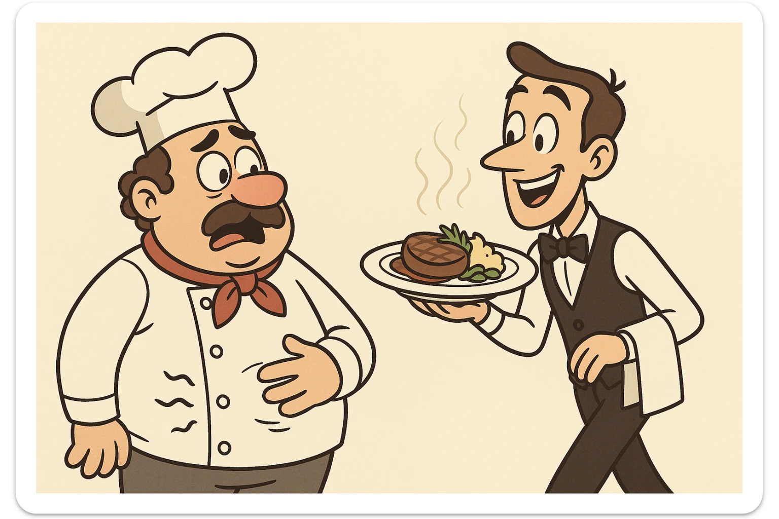 a chef with a rumbling stomach watching a waiter bring food, cartoon style, light background sticker