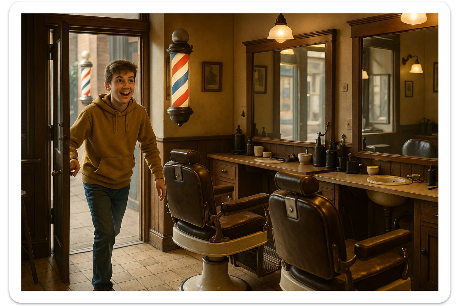 Sartaroshxonaga kirib kelayotgan! O'smirin bola sartaroshxona yangi ham eski ham e,as sticker