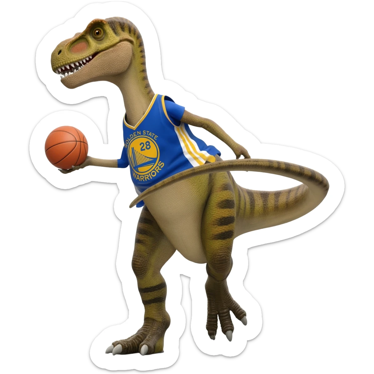A spinosaurus playing basketball  with a golden state warriors jersey sticker
