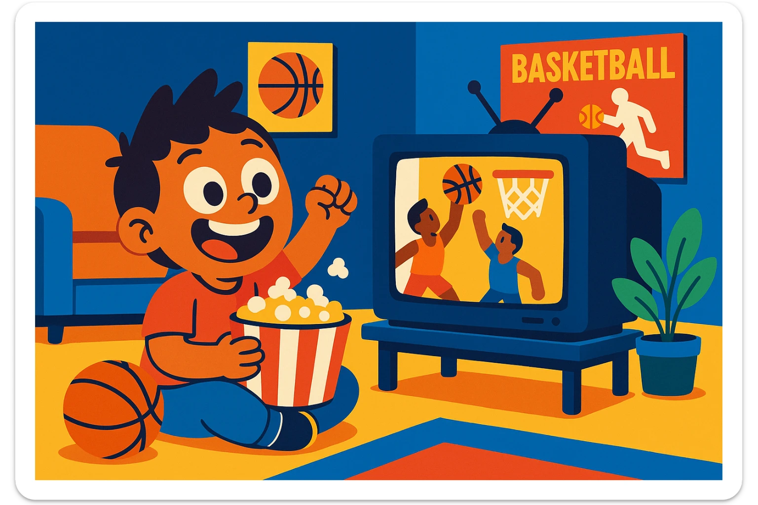 child excitedly watching a basketball game on TV in a living room with a playful atmosphere sticker