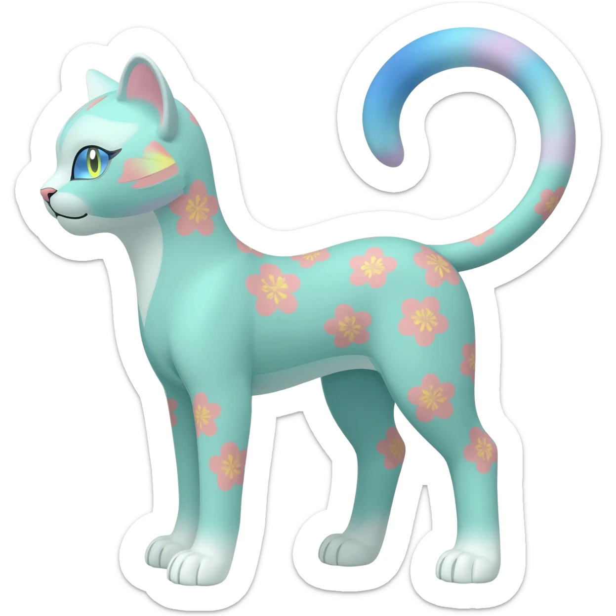 Pastel Mint-Aqua Soft-Iridescent Gentle Floral-Patterned Feline Sylveon-Liepard-hybrid-creature (full body) sticker
