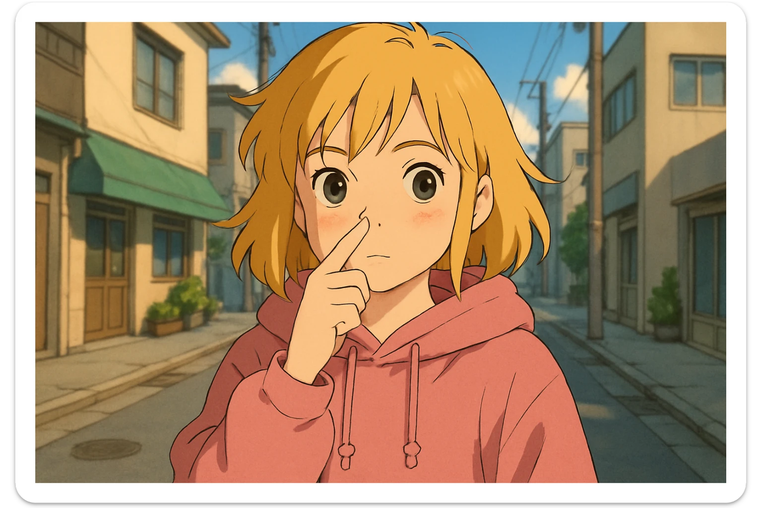 A girl yellow hair brown eyes pink Urban Heavy Loose Fit Hood Sweat touch your nose  sticker