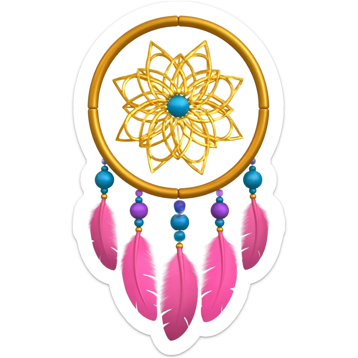 A gold-framed Dreamcatcher. with yellow metal flowers, blue beads, indigo beads, purple beads. And with pink feathers hanging down sticker