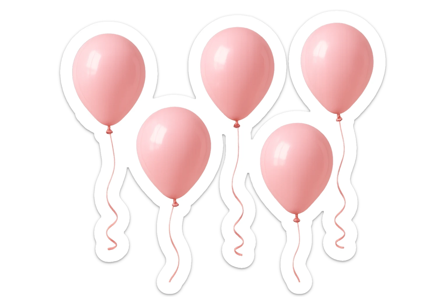 5 palloncini rosa fluttuano in aria isolati su sfondo bianco, iperrealistico 4k sticker