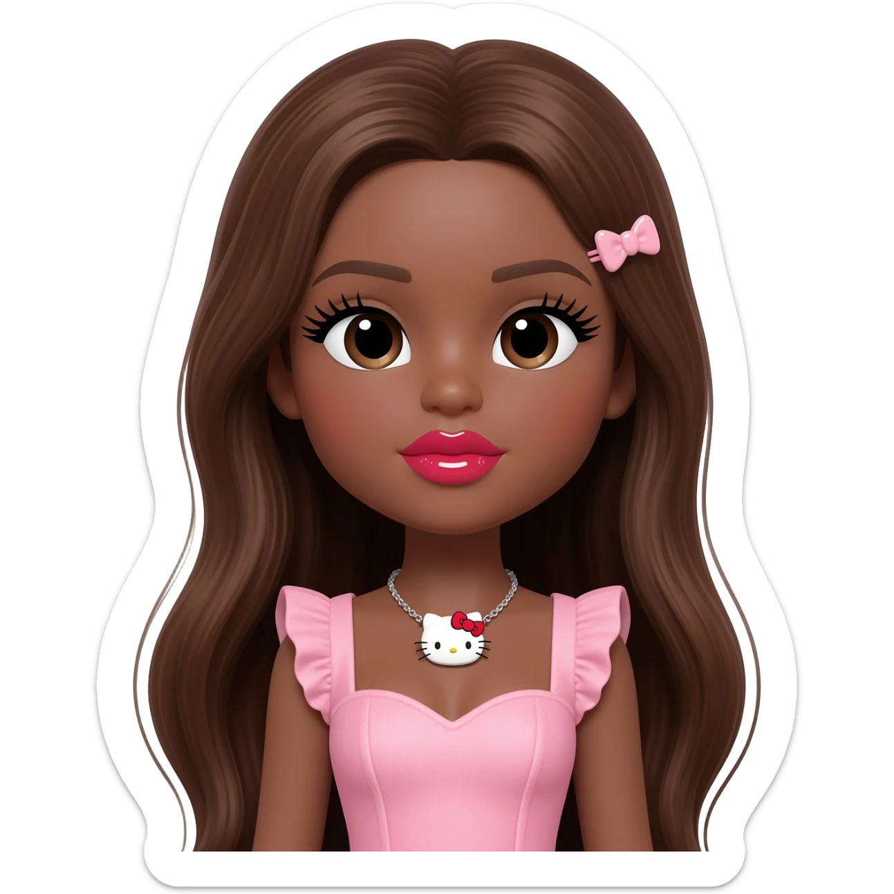 heart shaped lips, cute glossy lips, doll eyes with long lashes, dark brown skin, long brown hair, big chest, hello kitty necklace, one bow clip, pink mini dress sticker
