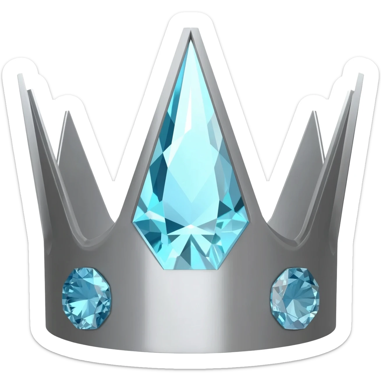 Minimalist 3D emoji based on: grey-graphite geometric crown made of cold, grey brushed steel. Integrated at the top is a severe; one large, sparkling light blue diamond is set precisely on each of its points. Soft, even lighting, isolated for sticker quality sticker