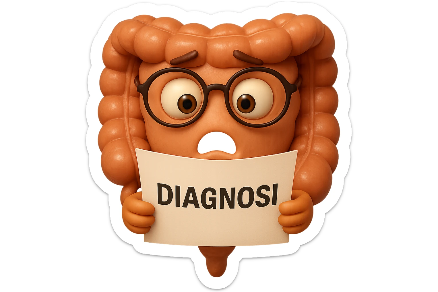 EMOJI STILE IPHONE DI UN INTESTINO CON GLI OCCHIALI CHE LEGGE UN FOGLIO CON LA SCRITTA DIAGNOSI, ESPRESSIONE STUPITA IN VOLTO, IPERREALISTICO 4K sticker