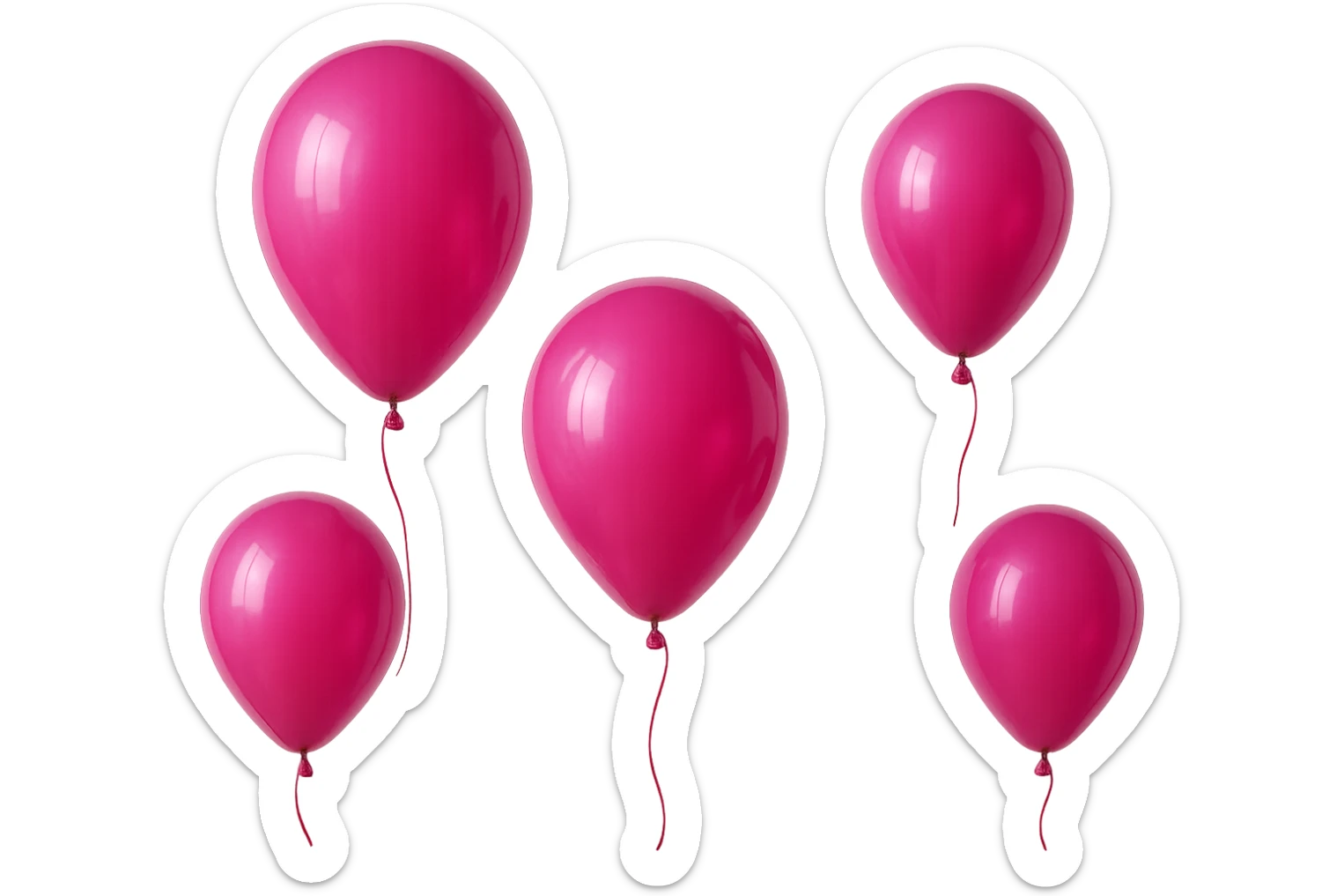 5 palloncini magenta fluttuano in aria isolati su sfondo bianco, iperrealistico 4k sticker
