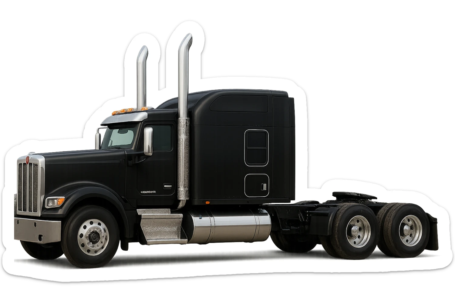 Kenworth W680 flattop black semi truck sleeper with tall chrome stacks, detailed, side view sticker