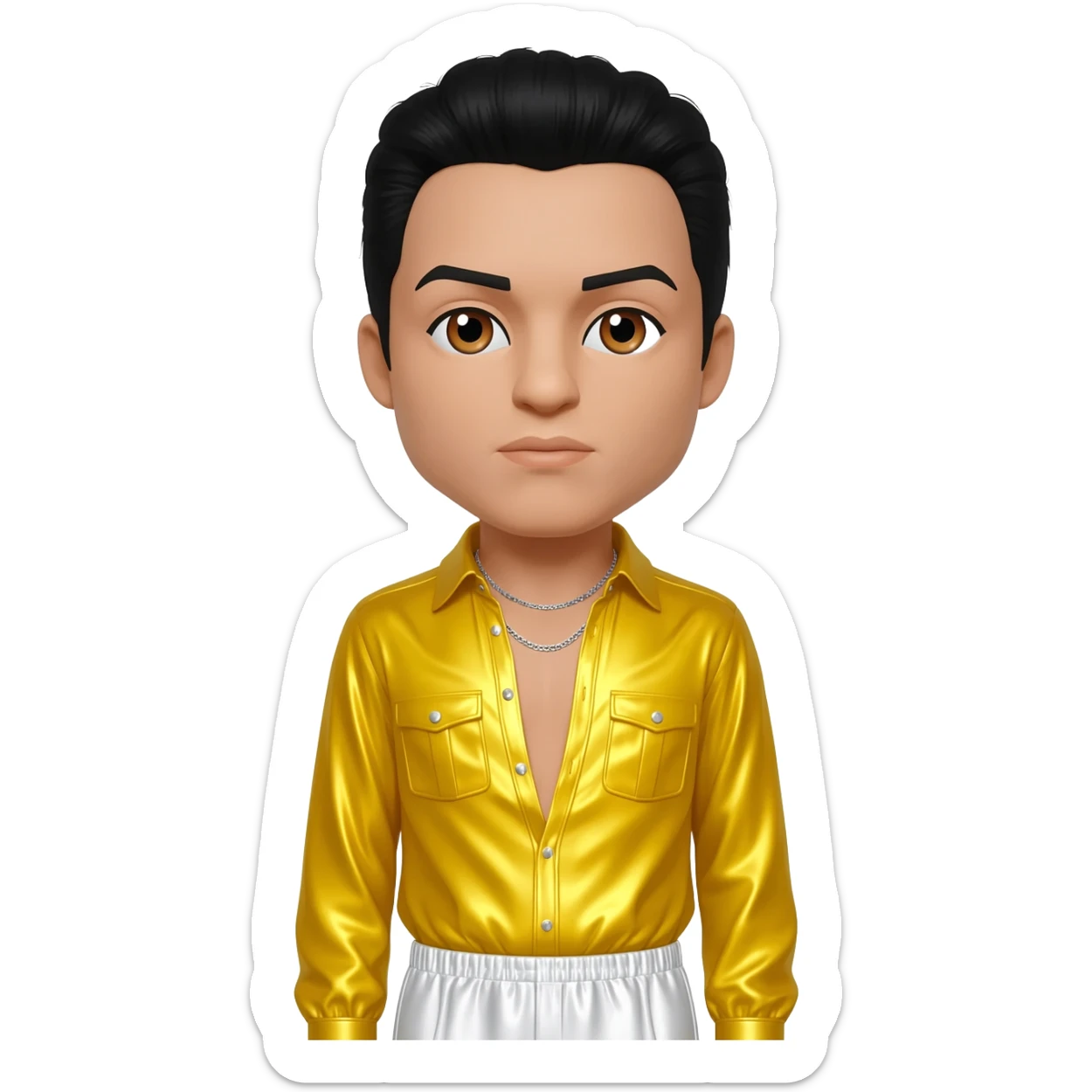 Freddie Mercury with brown eyes, black hair, yellow metallic shirt, white metallic baggy pants, silver necklace sticker